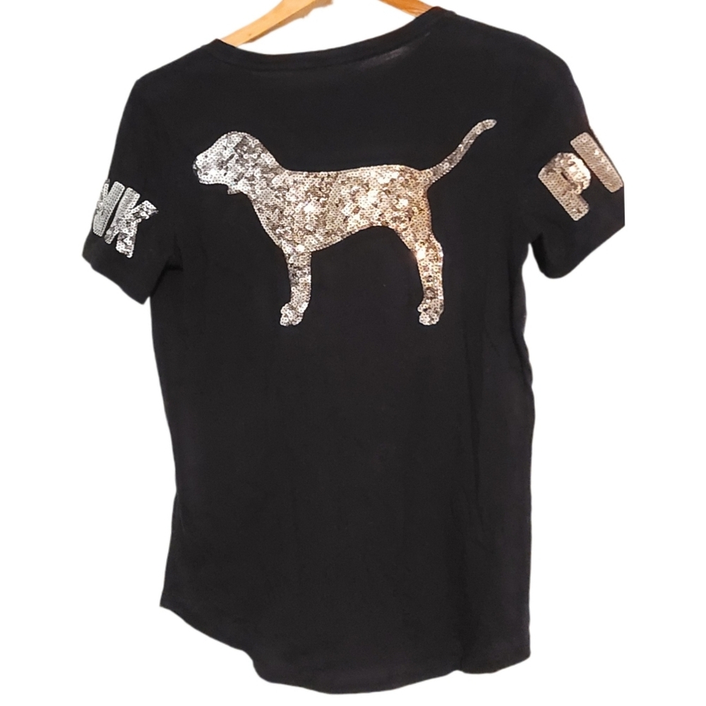 Victoria's Secret PINK Bling Ombre Dog Tee Shirt Rose Gold Silver Oversized XS